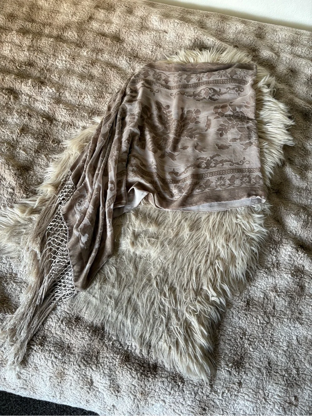 Beige Floral Fringe Shawl
